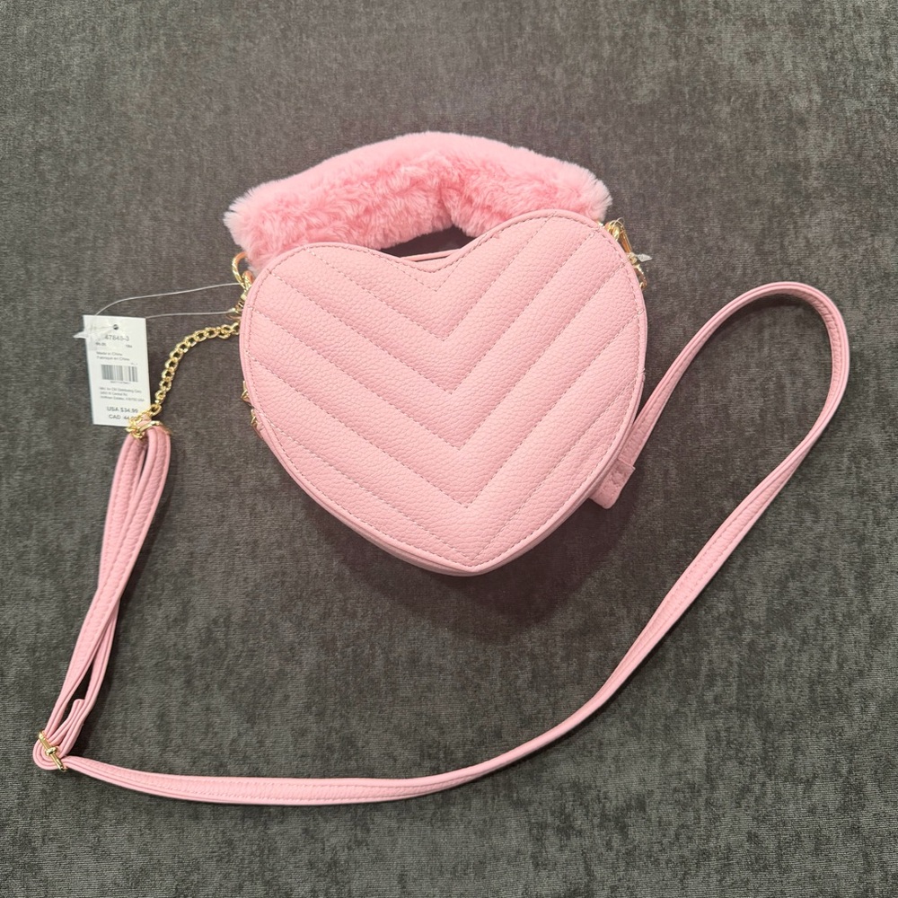 NWT Claire's Pink Heart Purse w/ Faux-Fur & Gold Chain Straps